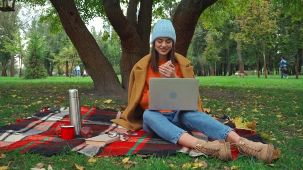 Gülümseyen Serbest Yazar Parkta Piknik Yaparken Dizüstü Bilgisayarında Video Görüşmesi — Stok video