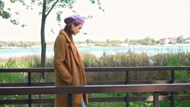 Stylowa Kobieta Rozgląda Się Podczas Spaceru Moście Parku — Wideo stockowe