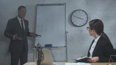 Ofisinde not defteriyle meslektaşının yakınındaki tablolara bakan avukat 