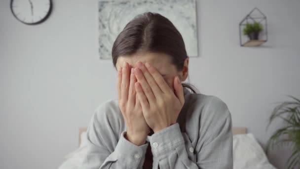 Upset Woman Covering Face While Crying Home Stock Footage