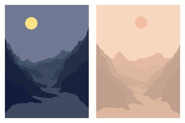 Set of aesthetic day and night landscape of mountains, moon and sun. Wall decor. Minimalist art print template. Modern vector illustration