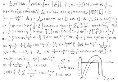 Beyaz arka planda matematiksel formüller. Elle yazılmış. Vektör illüstrasyonu. 