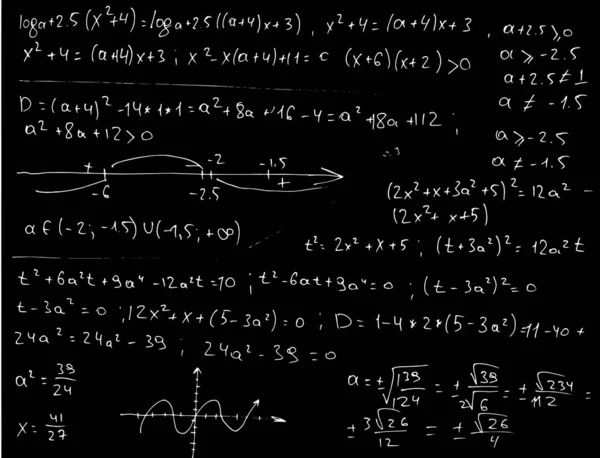 Fórmulas Matemáticas Símbolos Escritos Mano Sobre Fondo Negro Garabatos Algebraicos — Vector de stock