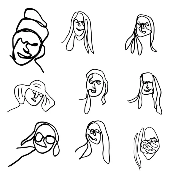 Um conjunto de rostos femininos desenhados à mão em uma única linha. Desenho em um estilo ingênuo. Imagem vetorial. — Vetor de Stock