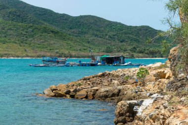 Tropiklerde gölün ortasında yeşil dağlarla dolu bir tekne iskelesi.
