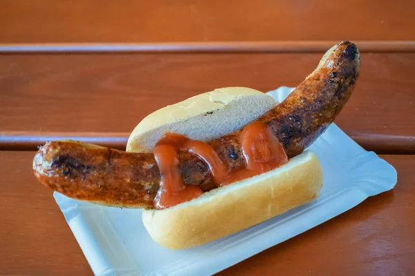 Fried Sausage Ketchup Fresh Bun Cafe Germany — Stock Photo, Image