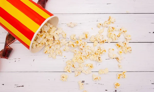 Popcorn Film White Wooden Background Top View Concept Cinema — Stock Photo, Image