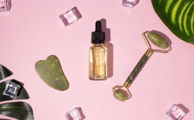 Jade gua sha kazıyıcı, patenli yüz masajı ve canavar yapraklı kozmetik yağ. Kişisel bakım kavramı. Yüz bakımı. Sıfır kayıp. Evde kaldırma ve tonlama tedavisi.