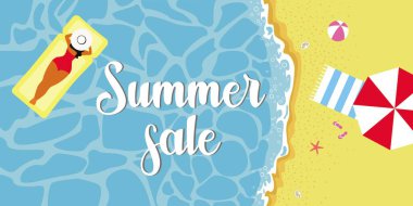 Yaz plajı afişi, üst manzara. Bir kadın şişme yatakta, bir şemsiye ve sahilde bir havlu üzerinde yüzüyor. Düz vektör illüstrasyonu.