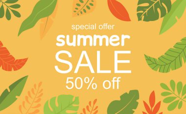 Yaz pankartı, yaz indirimi. Tropik karalama tarzı yapraklar, pastel renkler. 