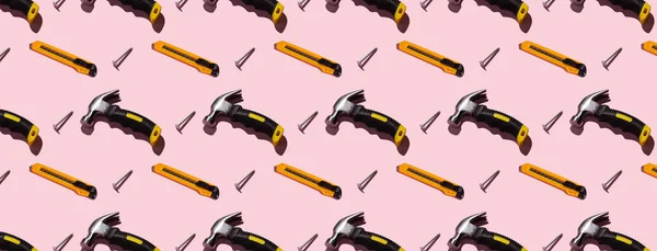 Hammers Screws Knives Pink Background Pattern Hard Shadows Construction Tools — Stock fotografie