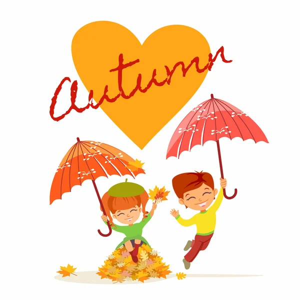 Desenho animado menina e menino com guarda-chuvas —  Vetores de Stock