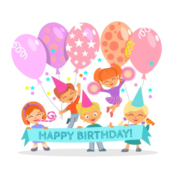 Niños y niñas celebrando niños — Vector de stock