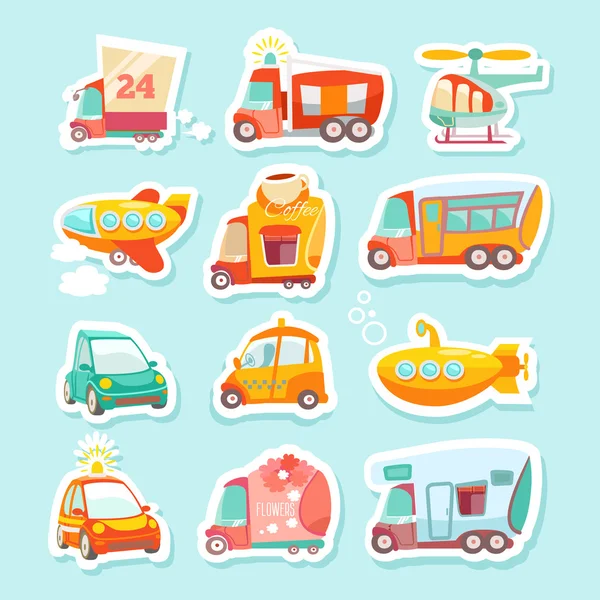 Pegatinas conjunto de transporte de dibujos animados — Vector de stock