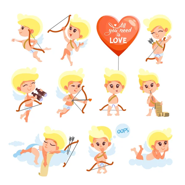 Gran conjunto de cupidos de dibujos animados lindo — Vector de stock