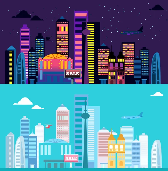 Gran paisaje urbano de día y de noche . — Vector de stock