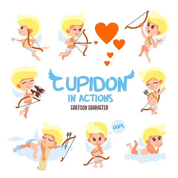 Gran conjunto de cupidos de dibujos animados lindo — Archivo Imágenes Vectoriales