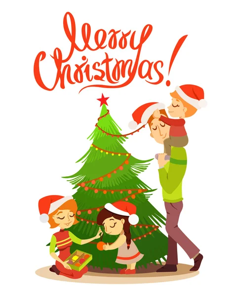 Family at  decorated christmas tree. — Stock Vector