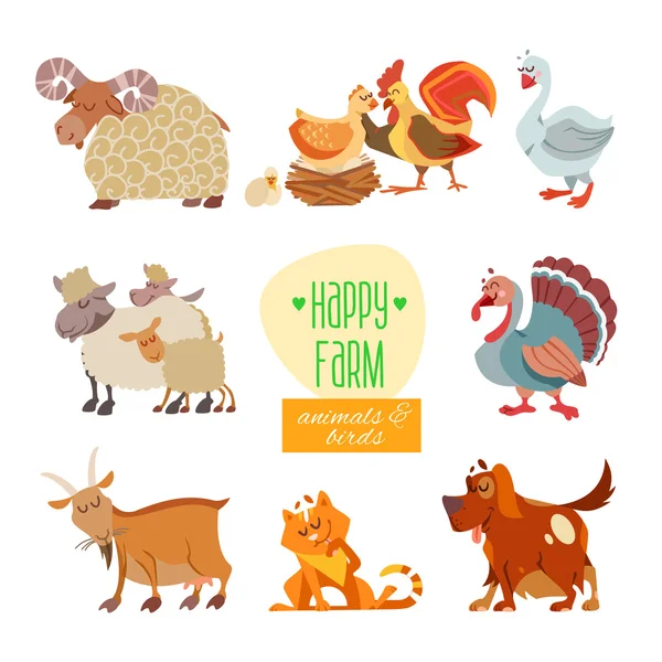 Cartoon farm animals and birds: — Stock Vector