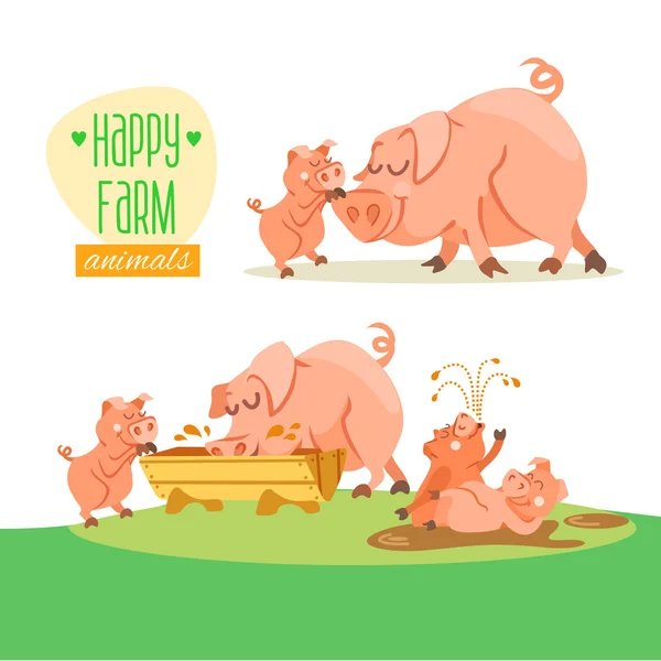 Jolie famille de cochons heureux . — Image vectorielle