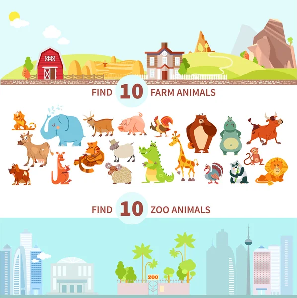 Match animals to farm and zoo — Stock Vector