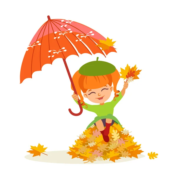 Little girl with orange umbrella — Stock Vector