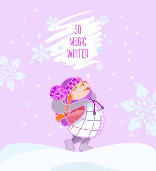 Fille attraper flocons de neige en hiver — Image vectorielle
