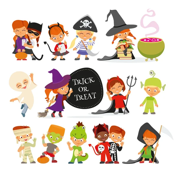 Niños en trajes de Halloween coloridos — Vector de stock