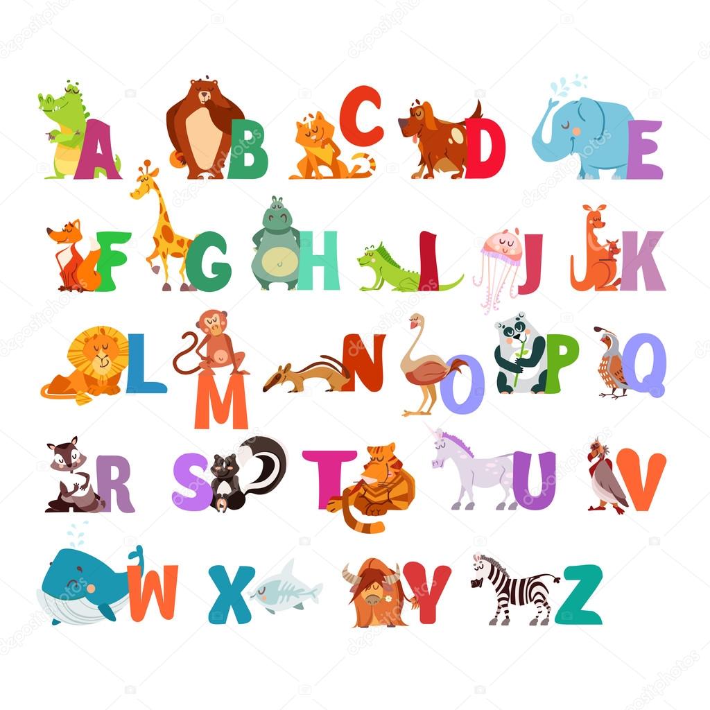 alphabet with funny cartoon animals.