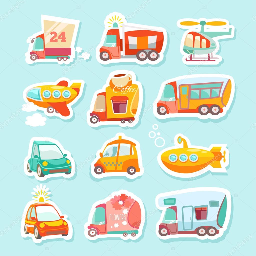stickers set of cartoon transport