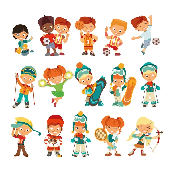 Niños jugando varios deportes — Vector de stock