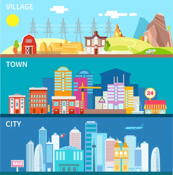 Stadt-, Stadt- und Dorflandschaften — Stockvektor