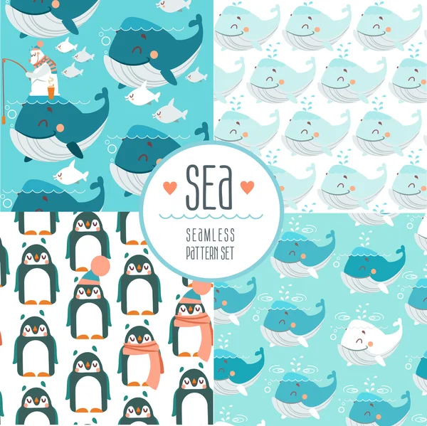 Cute sea seamless patterns — Stock Vector