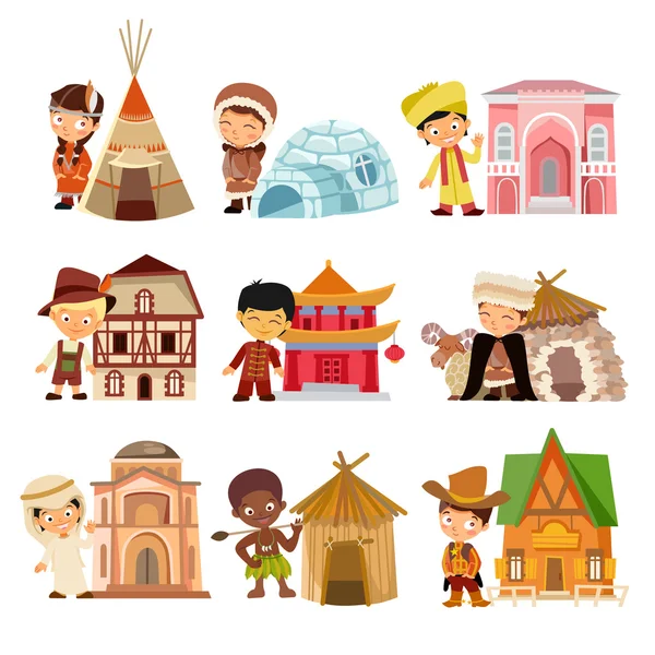 Nacionalidades con sus casas tradicionales — Vector de stock