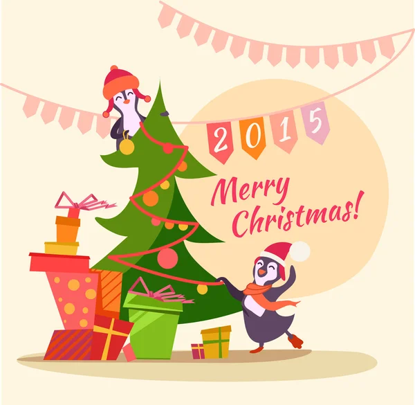 Пингвины с рождественской елкой — стоковый вектор
