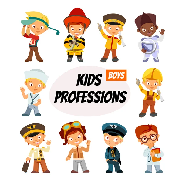 Niños de dibujos animados en diversas profesiones — Vector de stock