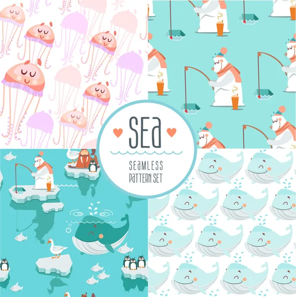 Cute sea seamless patterns — Stock Vector