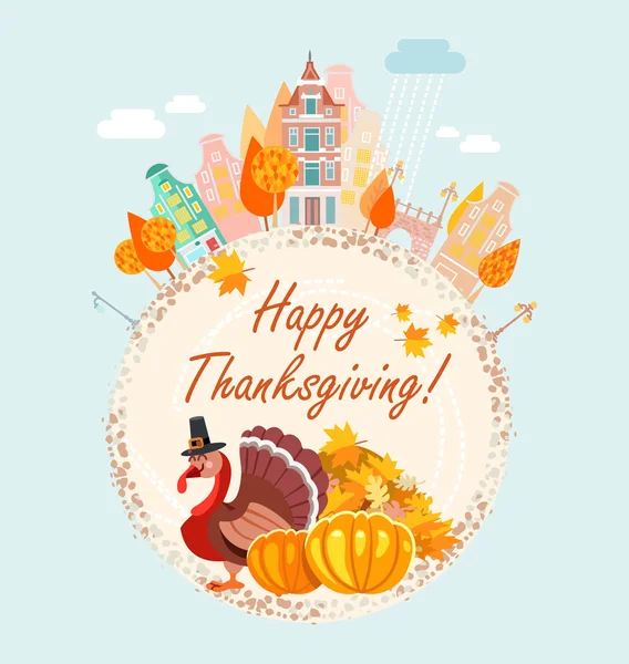 Thanksgiving banner med Turkiet i pilgrim hatt — Stock vektor