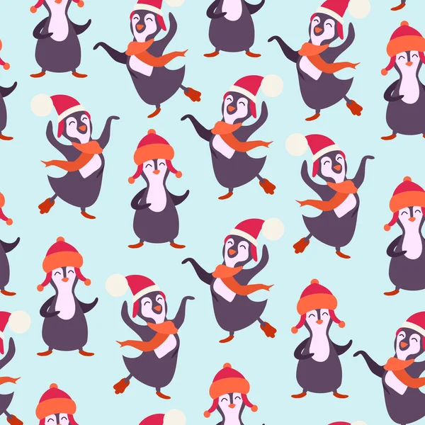 Seamless mönster med dansande pingviner Vektorgrafik