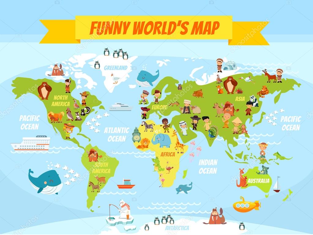 Funny cartoon world map with people of various nationalities and