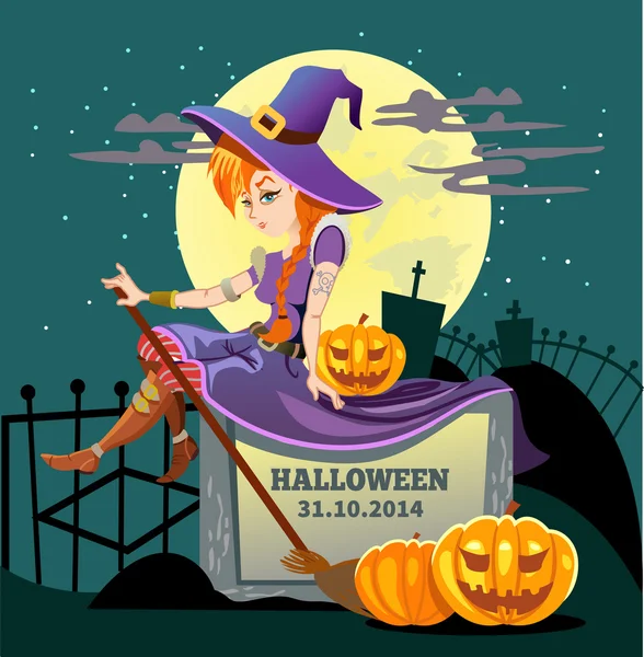 Bruja sentado en un grande halloween calabaza — Vector de stock