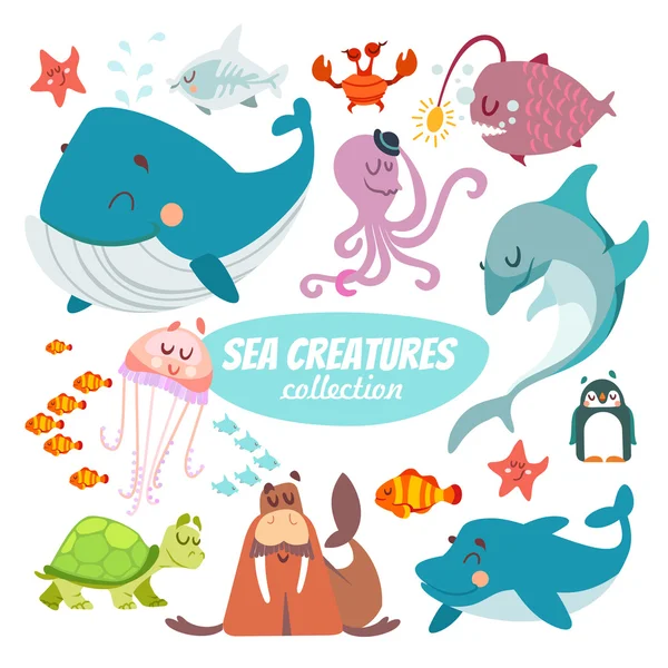 Grande conjunto de criaturas do mar dos desenhos animados —  Vetores de Stock