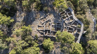 Ancient Ruins of Pedasa in Bodrum Surrounded by Forest from Aerial View