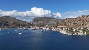 Aerial View of Bozburun Harbor and Sailboats in Marmaris, Turkey