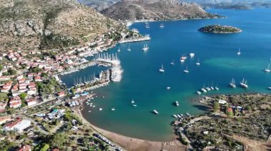 Aerial View of Bozburun Harbor and Sailboats in Marmaris, Turkey