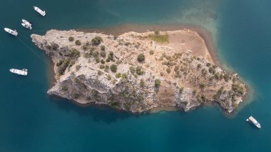 Aerial View of Kizkumu Beach and Sailboats in Marmaris, Turkey