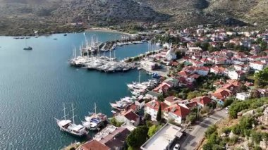 Aerial View of Bozburun Harbor and Sailboats in Marmaris, Turkey