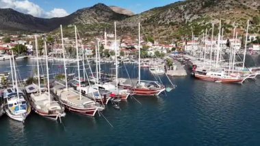 Aerial View of Bozburun Harbor and Sailboats in Marmaris, Turkey