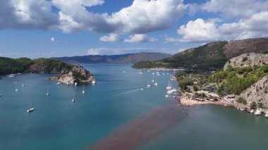 Aerial View of Kizkumu Beach and Sailboats in Marmaris, Turkey