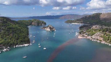 Aerial View of Kizkumu Beach and Sailboats in Marmaris, Turkey